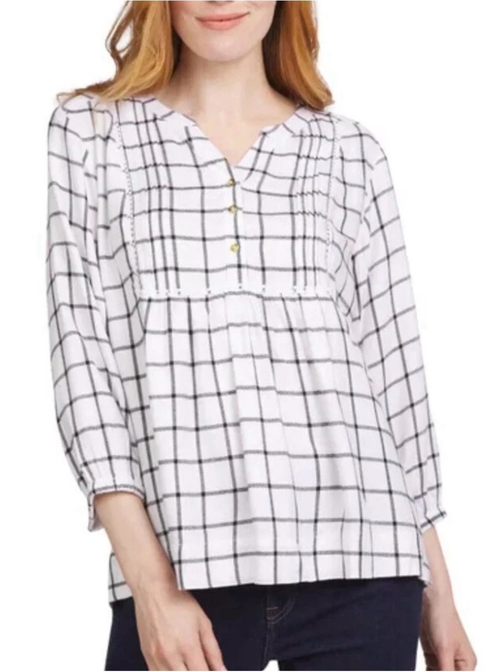 Wrangler Women's Windowpane White Black Plaid Button 3/4 Sleeve Blouse Medium M